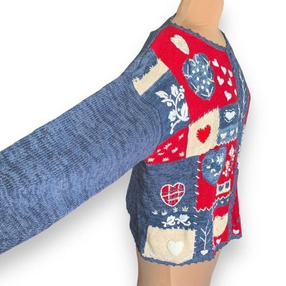 Vintage 90s Red Navy Blue Cardigan Round Neck Heart Floral Bright Pattern Knit - Picture 4 of 12